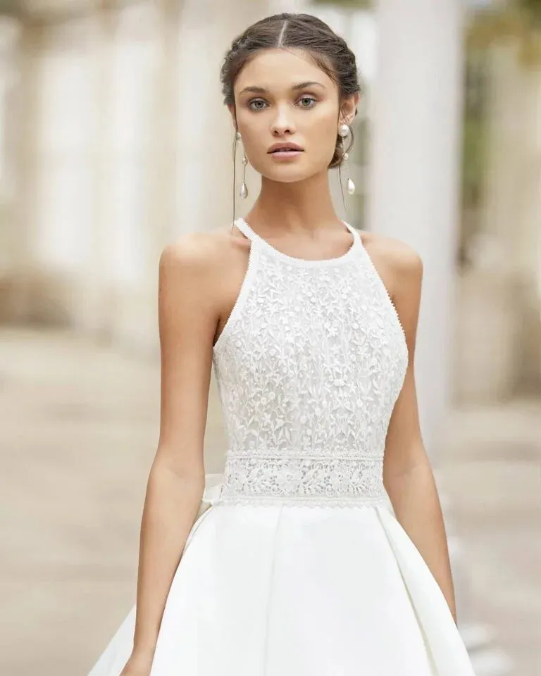 Elegant Strapless A-Line Wedding Gown with High Neckline and Delicate Lace Detailing for a Timeless Bridal Look - Image 3