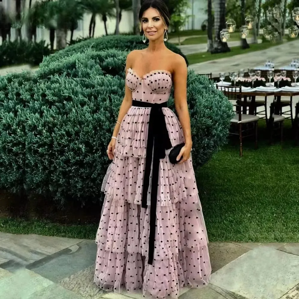 Elegant Sweetheart Multilayer Prom Dress Pink Wave Point Vestidos De Noche With Black Belt Sleeveless - Image 3