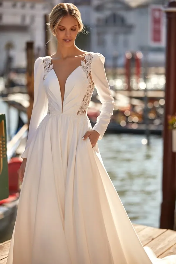 Elegant V Neck Long Cap Sleeve Sexy Backless Lace Top Satin A Line Wedding Dress For Women Bridal Gowns vestido Customized - Image 3