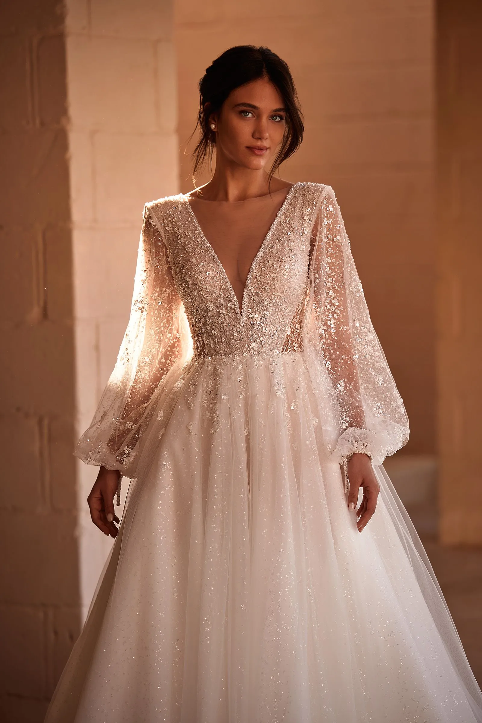 Elegant Wedding Dresses A-Line Tulle Bridal Gowns Long Puff Sleeves Sexy Robes Deep V-Neck Vestidos De Novia - Image 3