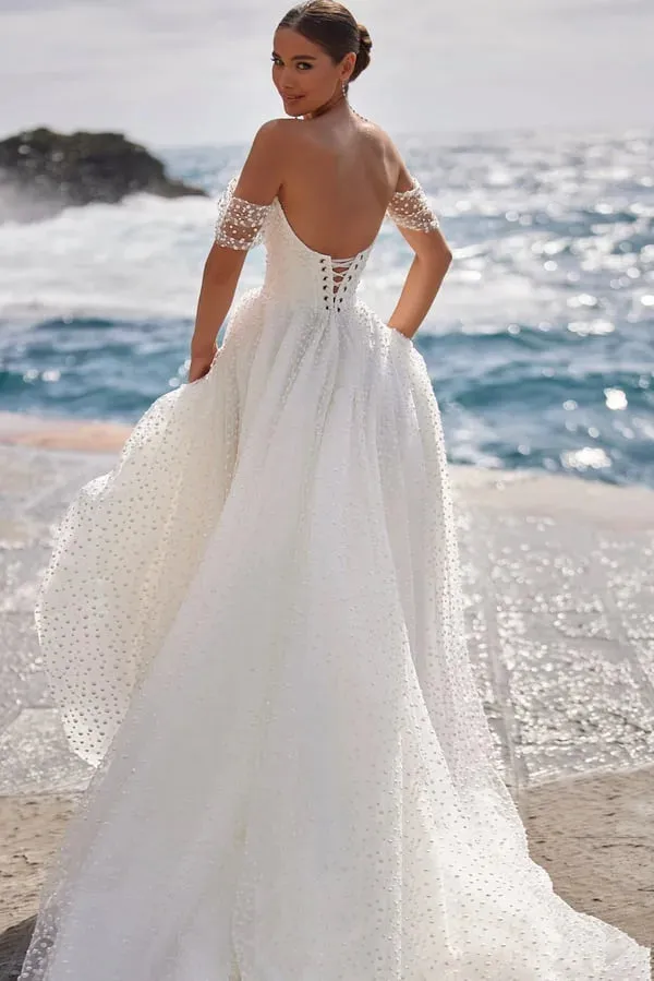 Elegant Wedding Dresses for Women V-neckline Detachable Sleeves A-line Lacing Up Court Sweep Train Customized - Image 2