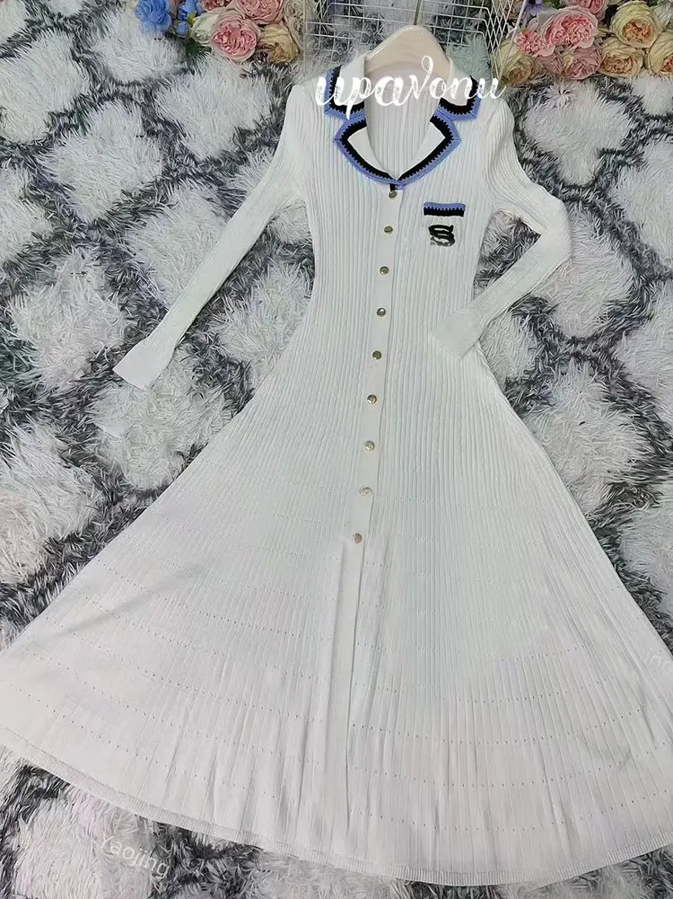 Elegant Women's Slim Fit Knitted Dress Fashionable Polo Neck Short Sleeve Single breasted Design Split Knitted Mid length Dress - Image 14