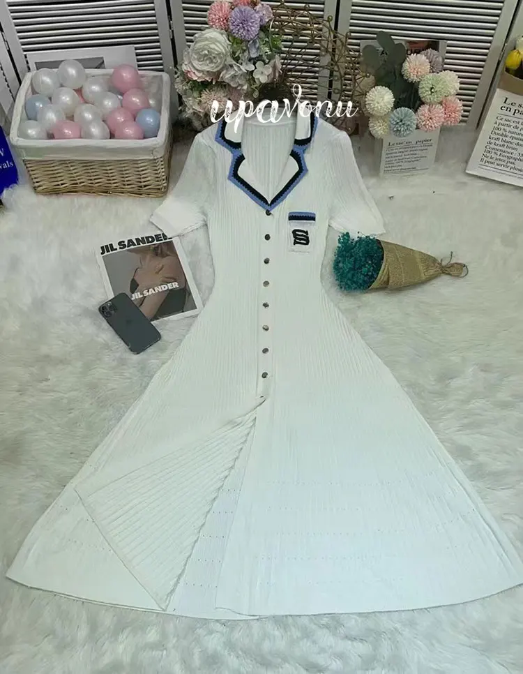 Elegant Women's Slim Fit Knitted Dress Fashionable Polo Neck Short Sleeve Single breasted Design Split Knitted Mid length Dress - Image 5