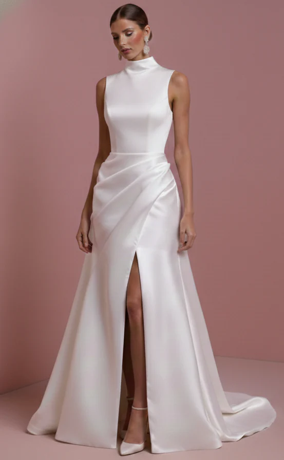 Column Crepe Wedding Dress High Long Neck Professional Bridal - Image 2
