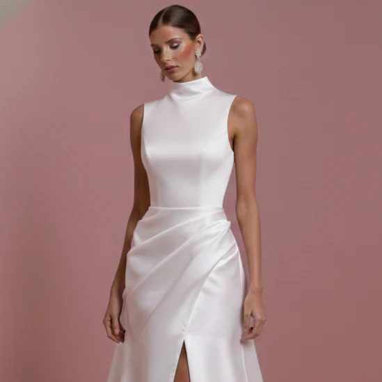 Column Crepe Wedding Dress High Long Neck Professional Bridal - Image 4