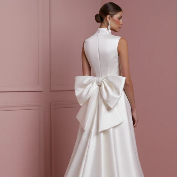 Column Crepe Wedding Dress High Long Neck Professional Bridal - Image 5