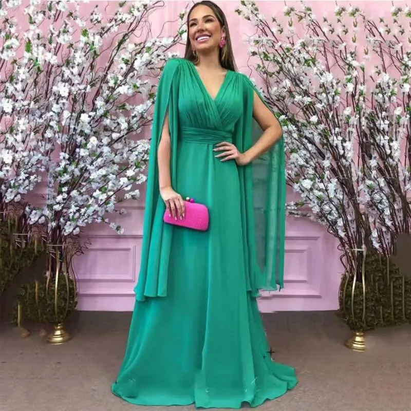 Emerald Green Chiffon Prom Dresses for Women muslim Long Sleeves Saudi Arabic Evening Gowns Pleated Night Club Outfits - Image 3