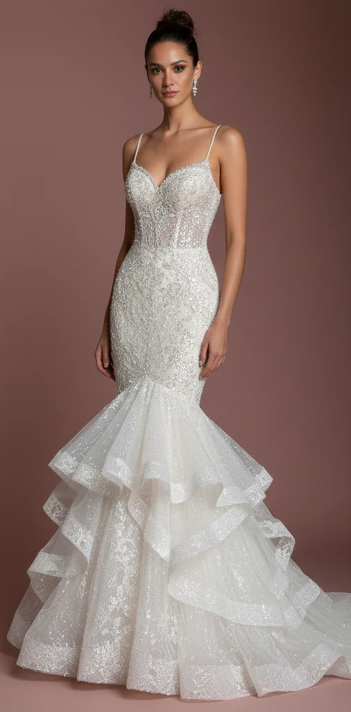 Ruffle Wedding Dress Tiered Tulle Long Skirt Strapless Gown - Image 2
