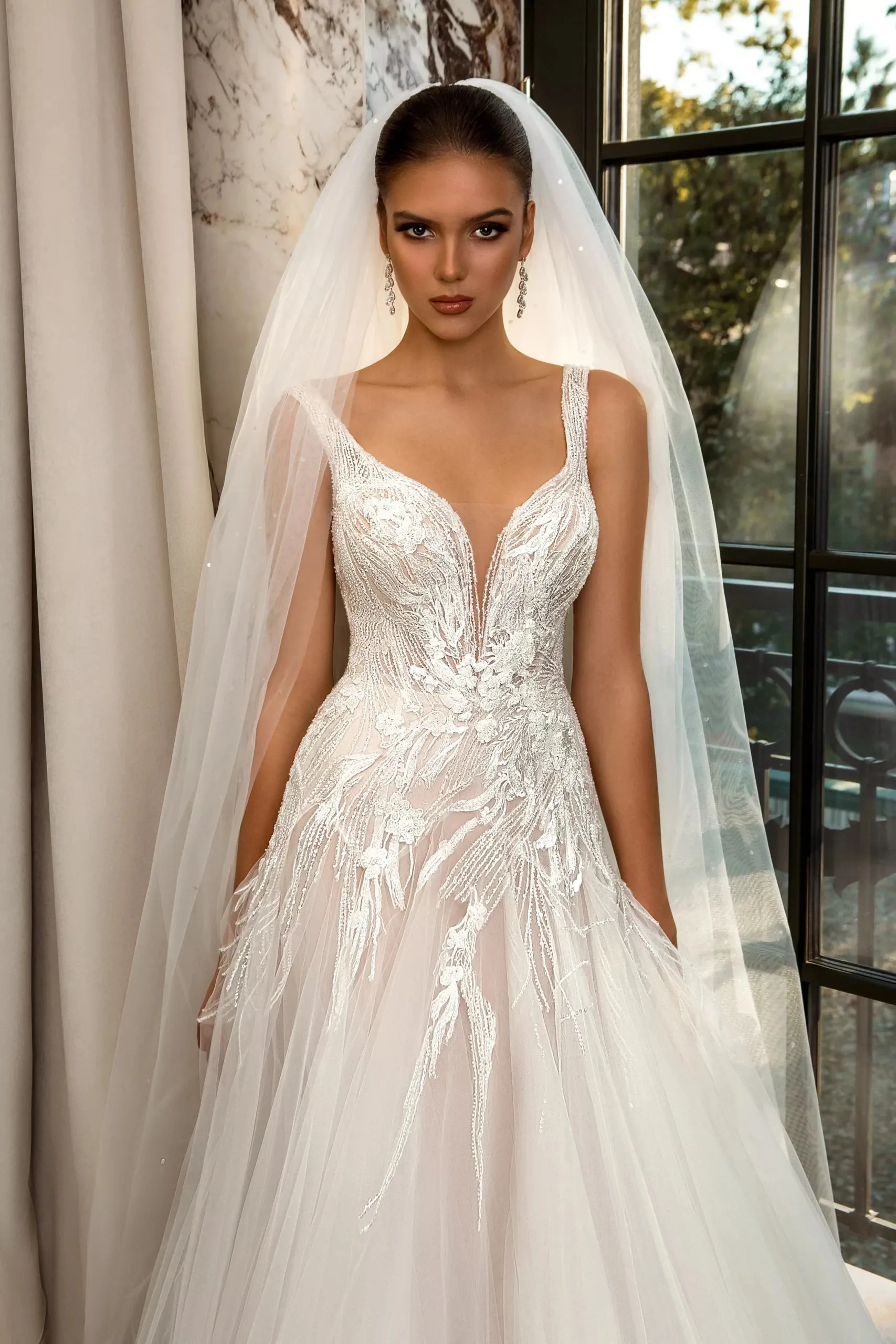Ethereal A-Line Wedding Gown with Delicate Spaghetti Straps, a Flattering V-Neckline, and a Graceful Natural Waistline for a Romantic and Timeless Bridal Look - Image 2