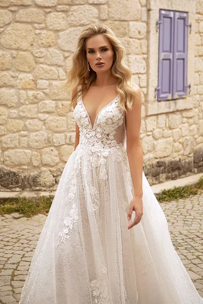 Ethereal A-Line Wedding Gown with Delicate Spaghetti Straps, a Flattering V-Neckline for a Romantic and Timeless Bridal Look - Image 3