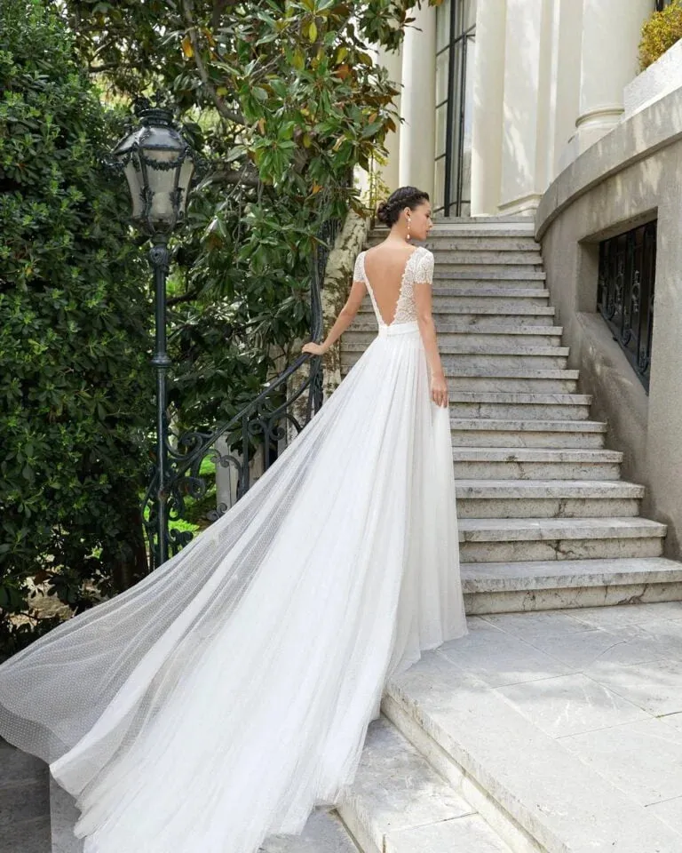 Ethereal A-Line Wedding Gown with Graceful Cap Sleeves, a Flattering V-Neckline, and Delicate Lace Detailing for a Timeless Bridal Look - Image 2
