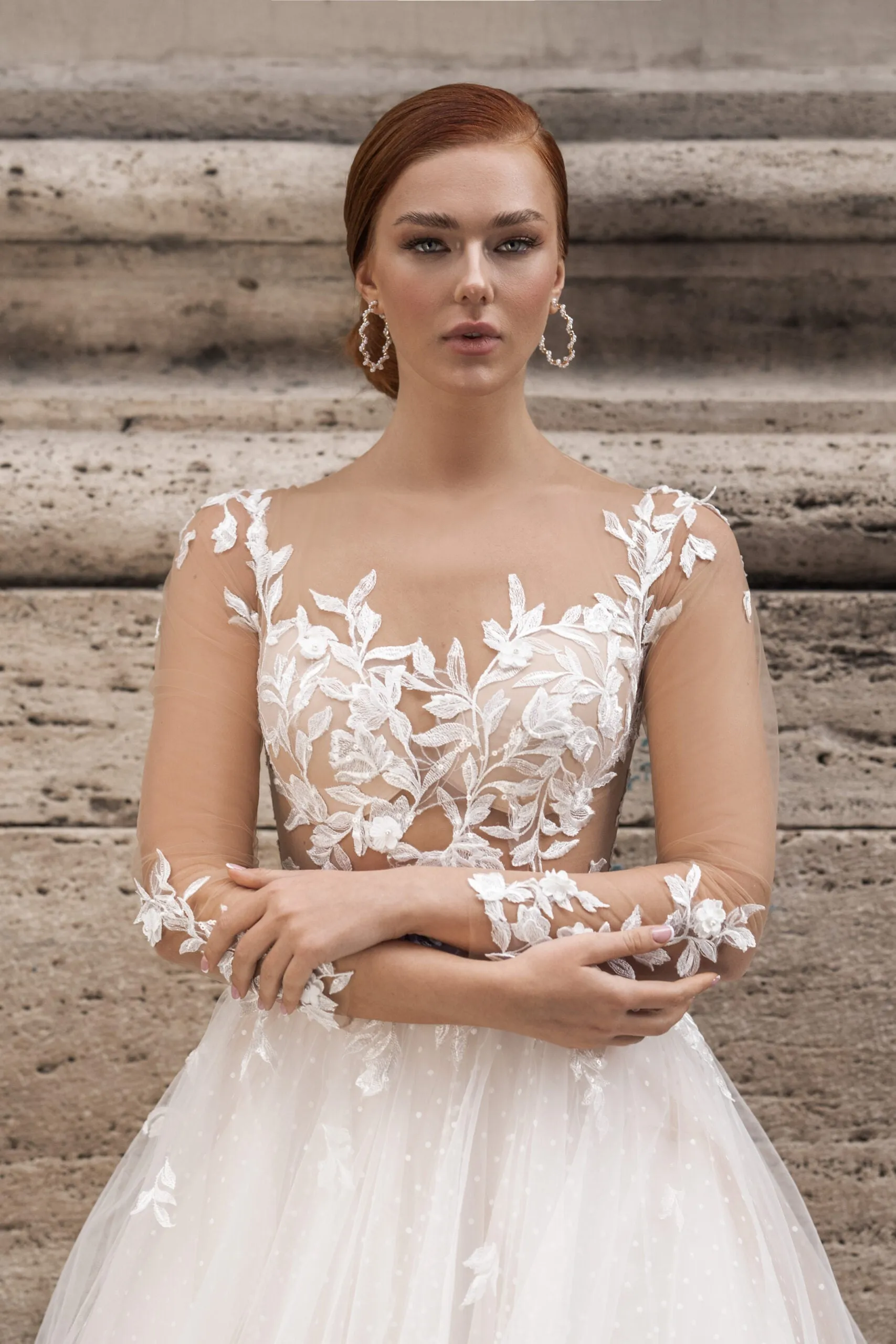 Ethereal A-Line Wedding Gown with Illusion Sleeves, Button Detailing, and a Romantic Puffy Silhouette - Image 3