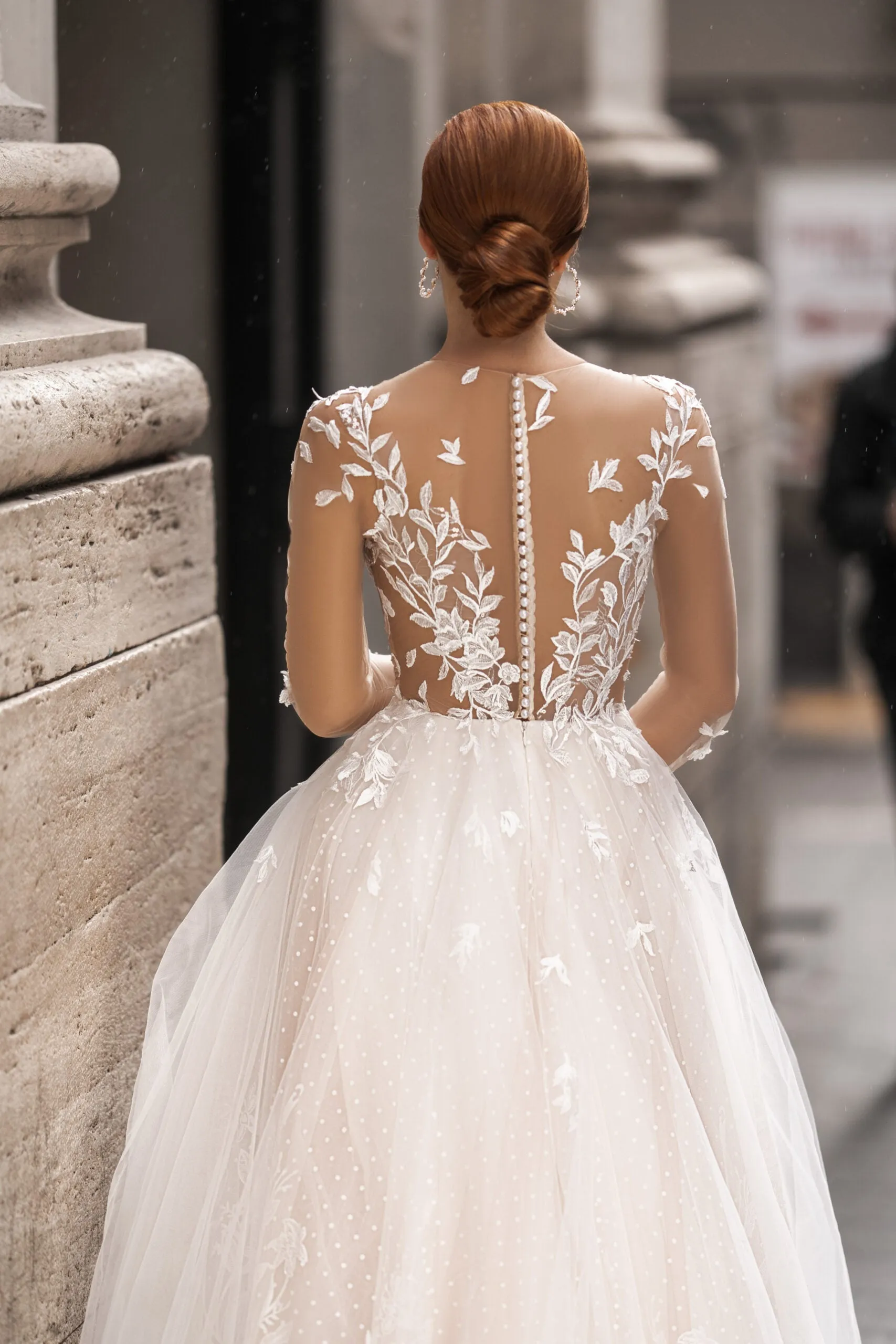 Ethereal A-Line Wedding Gown with Illusion Sleeves, Button Detailing, and a Romantic Puffy Silhouette - Image 4
