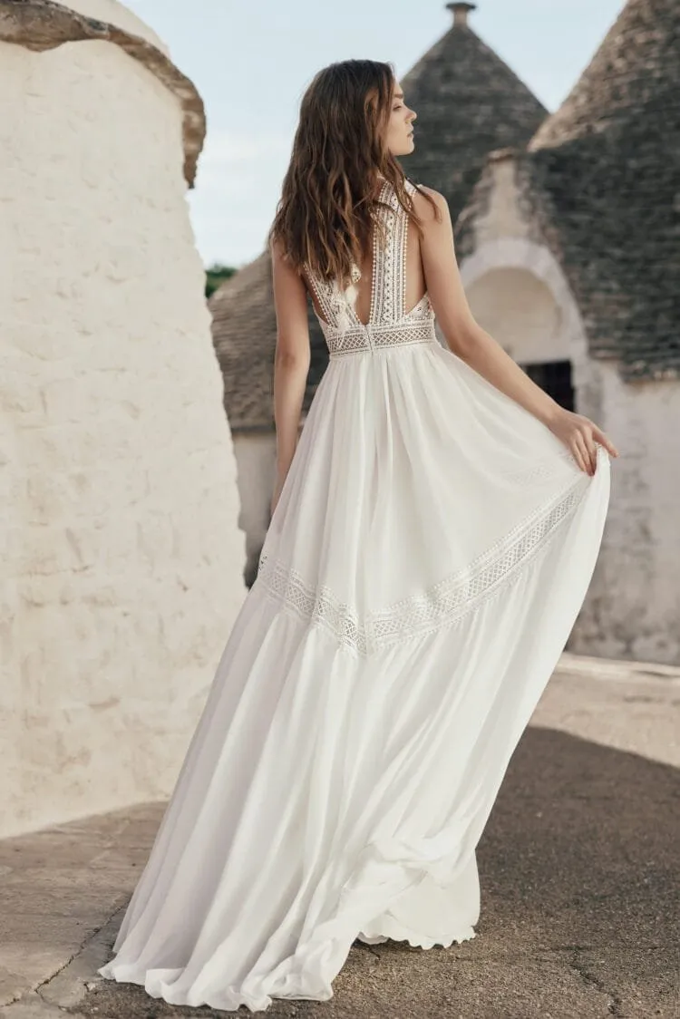 Ethereal Beach Wedding Dress with Long Sleeves, V-Neckline & Intricate Lace Details for a Graceful and Romantic Bridal Look - Image 3