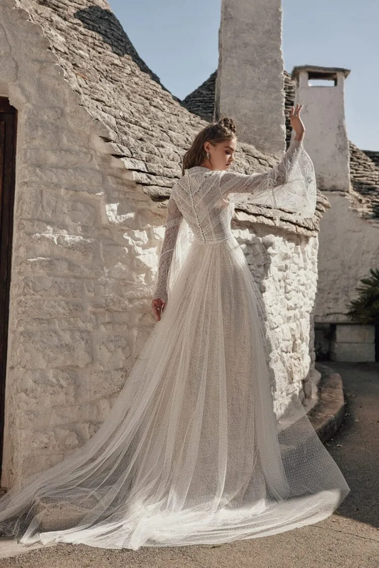 Ethereal Boho Wedding Dress with Long Sleeves, High Neckline & Intricate Lace Details for a Graceful and Timeless Bridal Look - Image 4