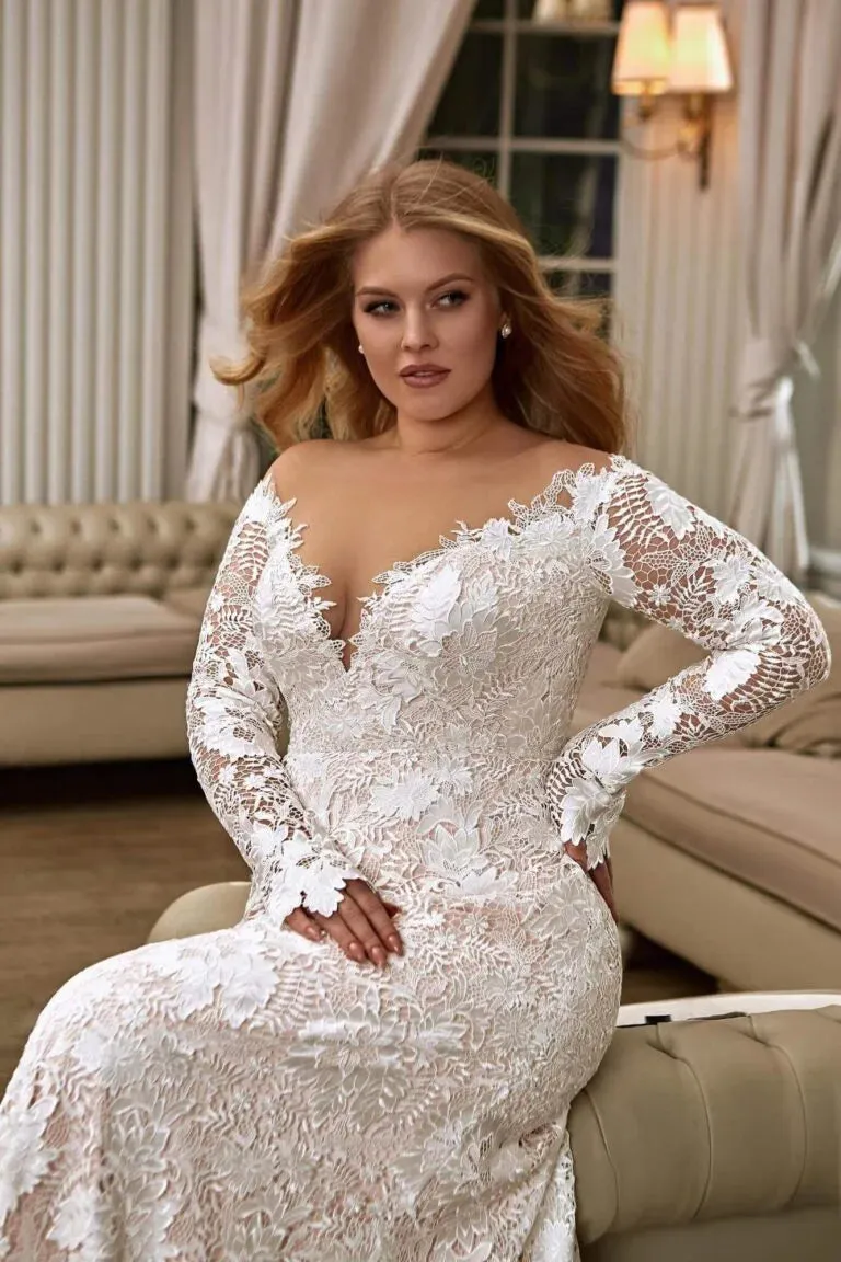 Ethereal Plus Size A-Line Wedding Gown with Long Sleeves, V-Neckline, and a Flattering Natural Waist for a Romantic and Elegant Bridal Look - Image 3