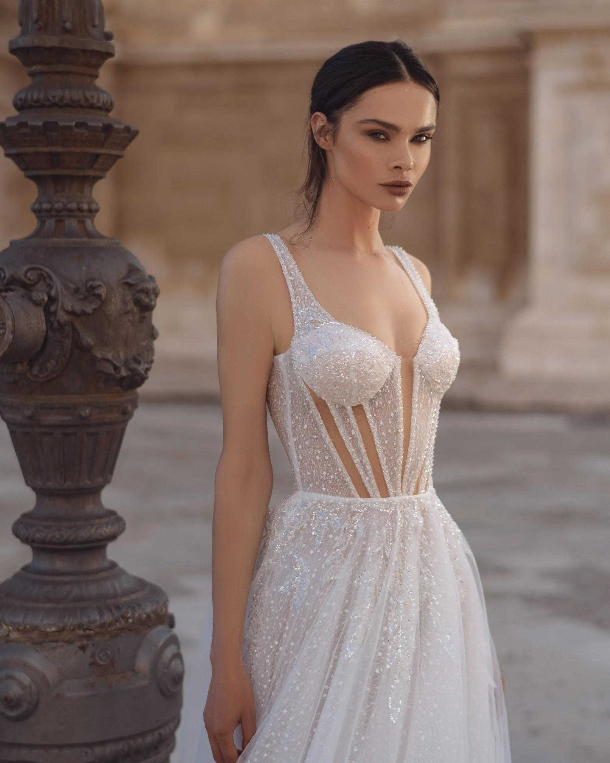 Exquisite A-Line Wedding Gown with Sequin Lace, Sweetheart V-Neck Neckline, and Delicate Spaghetti Straps for a Romantic and Timeless Bridal Look - Image 2