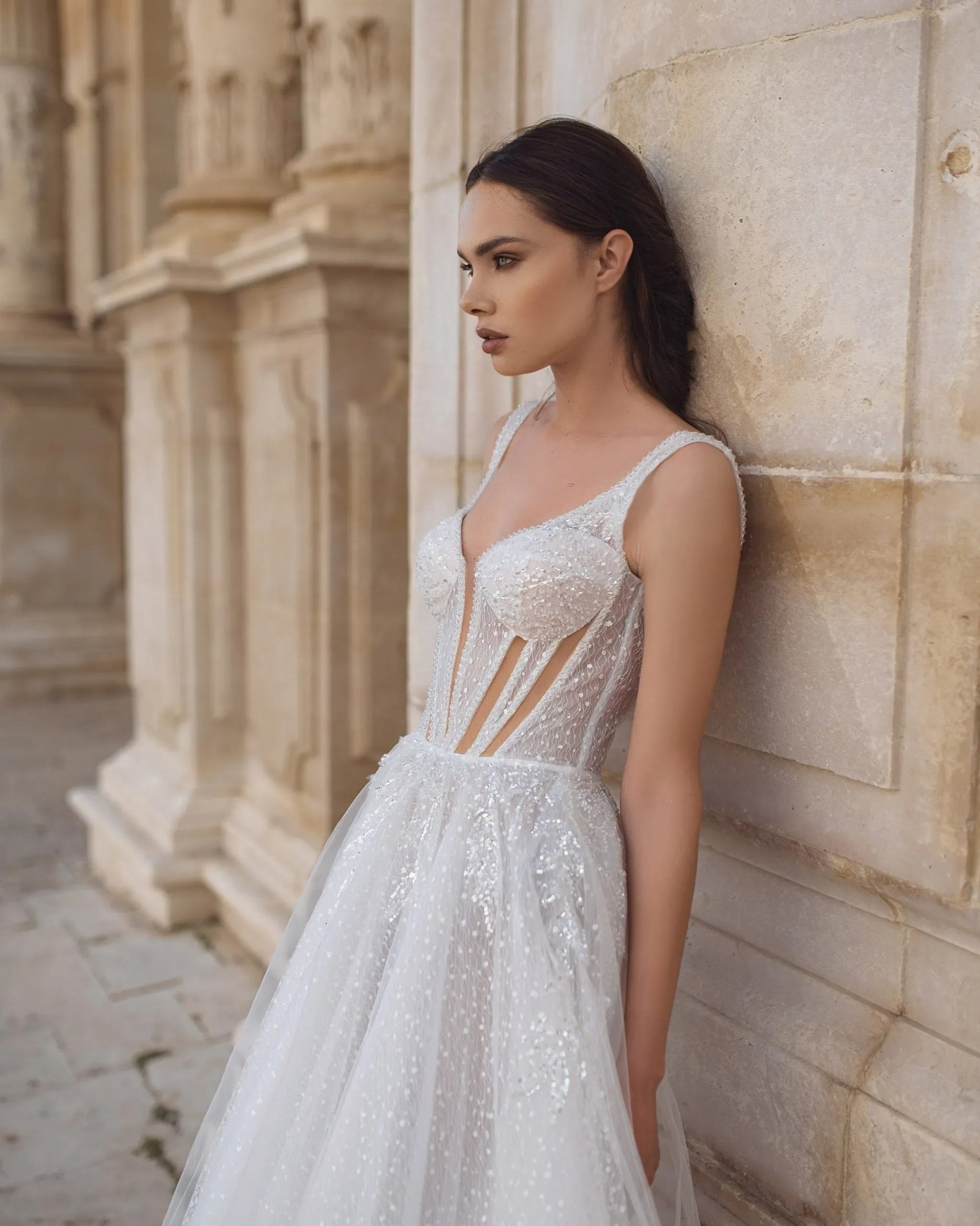 Exquisite A-Line Wedding Gown with Sequin Lace, Sweetheart V-Neck Neckline, and Delicate Spaghetti Straps for a Romantic and Timeless Bridal Look - Image 3