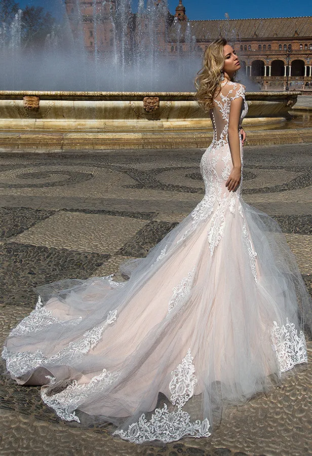 Exquisite Mermaid Wedding Dress with Cap Sleeves, Illusion Neckline & Flattering Natural Waistline for a Timeless Bridal Elegance - Image 2