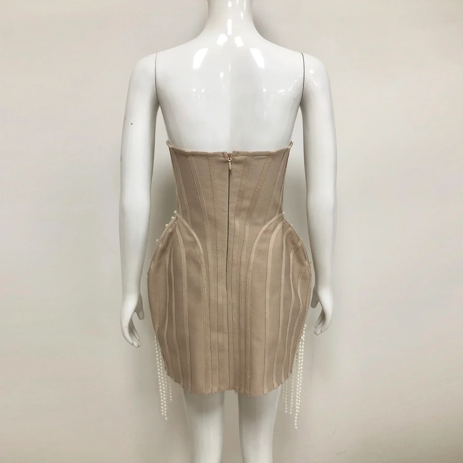 Exquisite Pearl Beading Strapless Khaki Color Bandage Mini Dress Fashion Woman Birthday Party Vestido Evening Party Outfit - Image 3