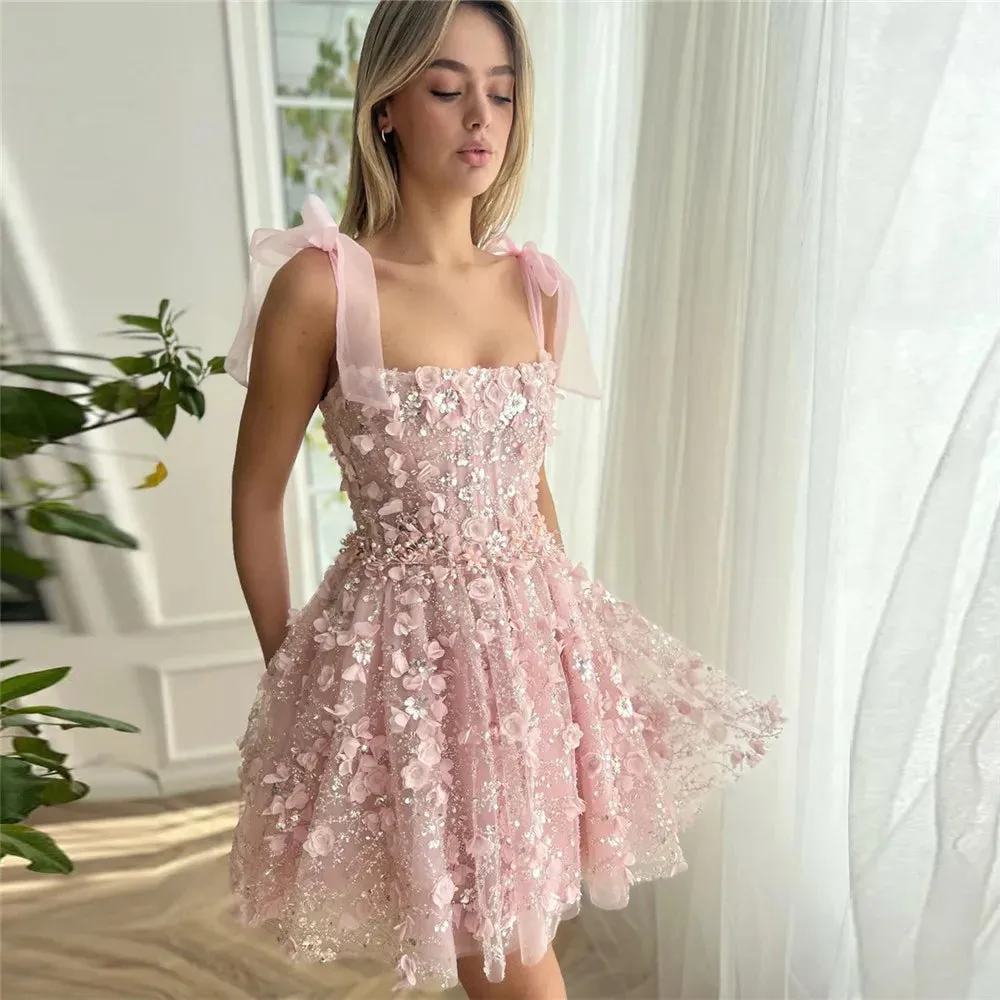 Fairy Pink Prom Dresses 3D Flowers Spaghetti Strap Pleat Ruched Above Knee Homecoming Dresses vestidos de graduación - Image 4