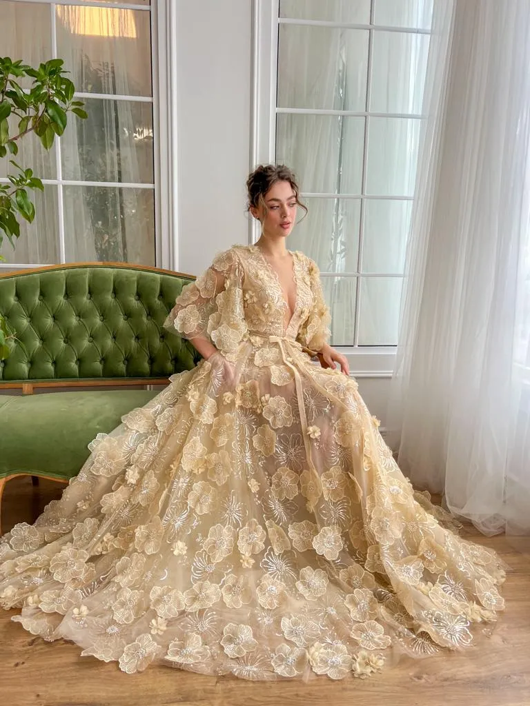 Fairy Prom Dress A-Line Deep V-Neck Half Flare Sleeves Ruched 3D Flowers Floor Length Evening Dress robes de soirée - Image 2