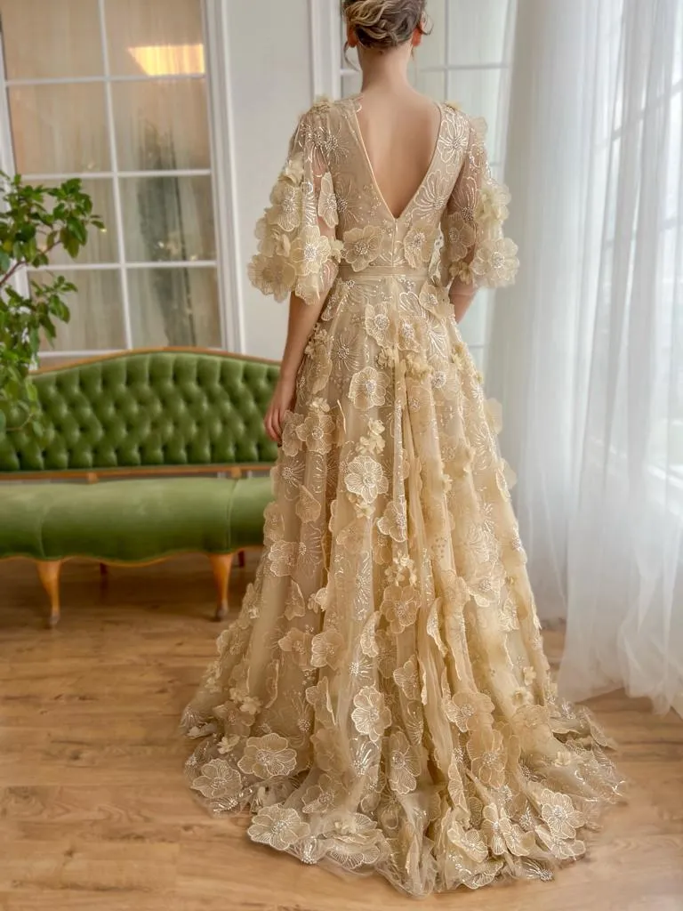 Fairy Prom Dress A-Line Deep V-Neck Half Flare Sleeves Ruched 3D Flowers Floor Length Evening Dress robes de soirée - Image 3