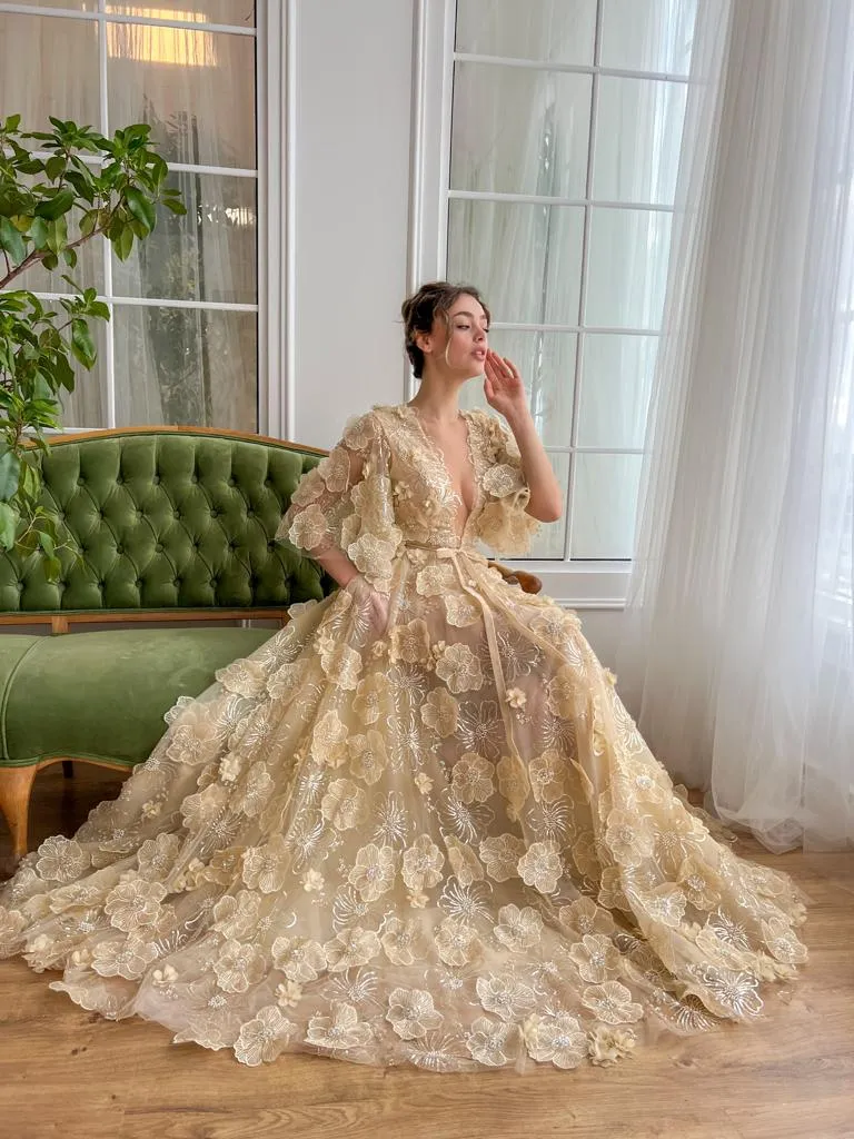 Fairy Prom Dress A-Line Deep V-Neck Half Flare Sleeves Ruched 3D Flowers Floor Length Evening Dress robes de soirée - Image 4