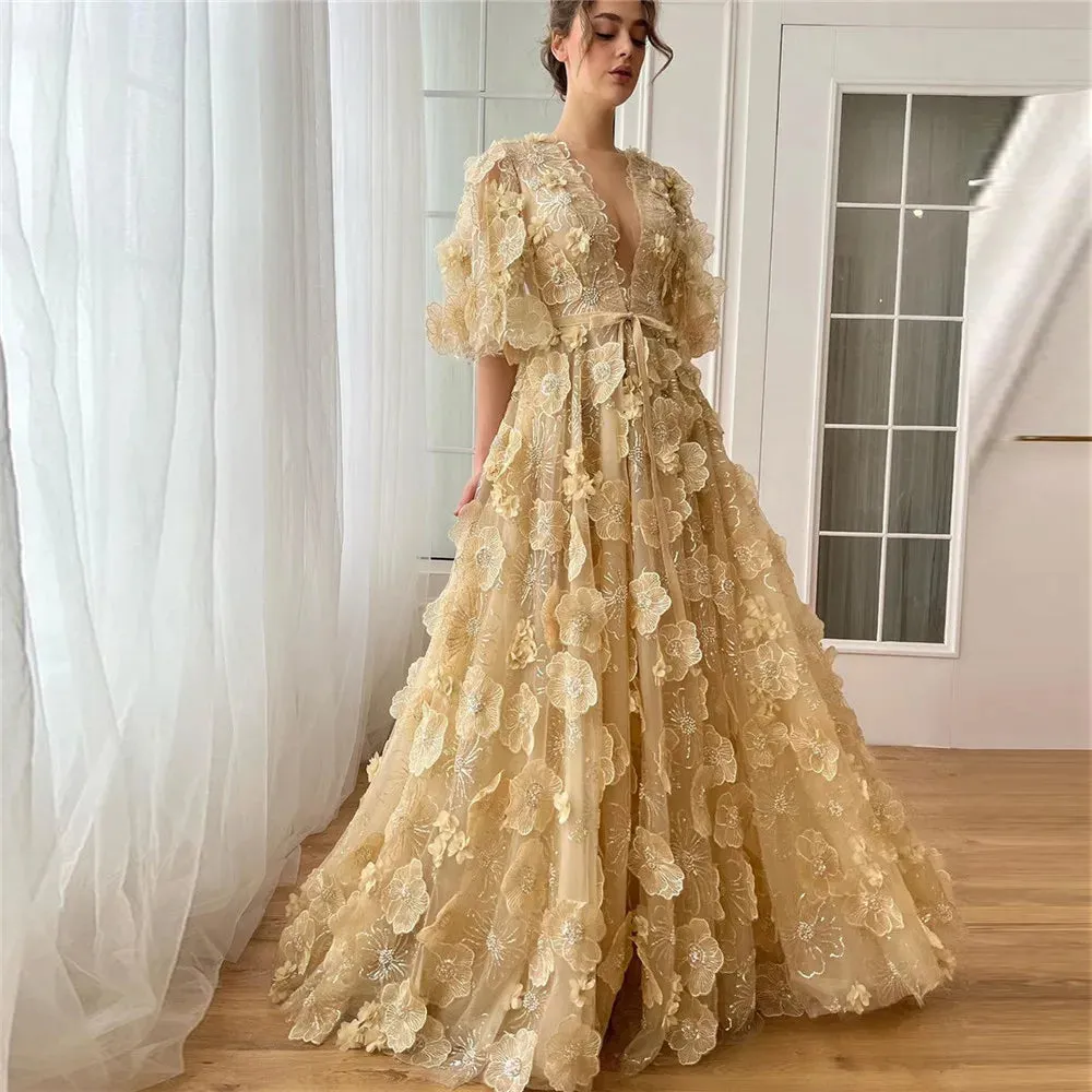 Fairy Prom Dress A-Line Deep V-Neck Half Flare Sleeves Ruched 3D Flowers Floor Length Evening Dress robes de soirée - Image 5