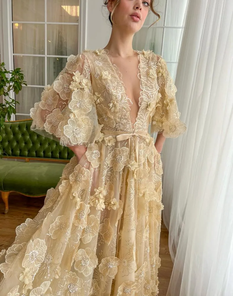 Fairy Prom Dress A-Line Deep V-Neck Half Flare Sleeves Ruched 3D Flowers Floor Length Evening Dress robes de soirée - Image 6