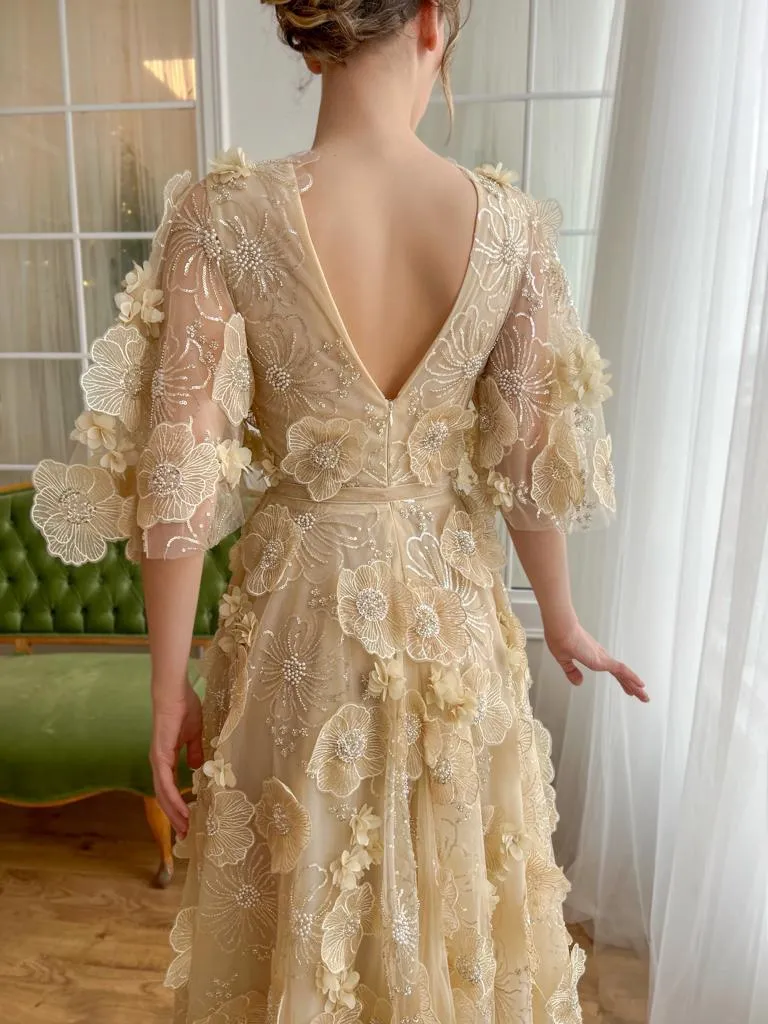 Fairy Prom Dress A-Line Deep V-Neck Half Flare Sleeves Ruched 3D Flowers Floor Length Evening Dress robes de soirée - Image 7