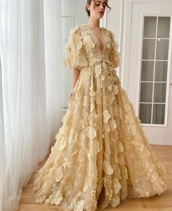 Fairy Prom Dress A-Line Deep V-Neck Half Flare Sleeves Ruched 3D Flowers Floor Length Evening Dress robes de soirée - Image 8
