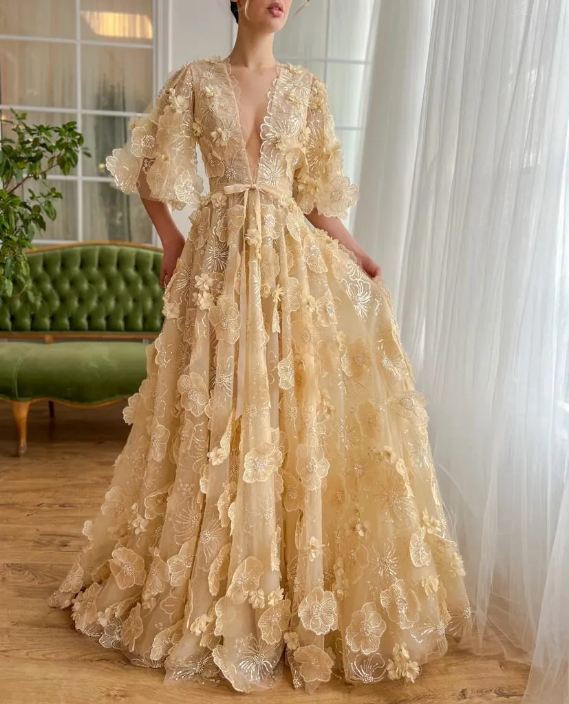 Fairy Prom Dress A-Line Deep V-Neck Half Flare Sleeves Ruched 3D Flowers Floor Length Evening Dress robes de soirée - Image 9