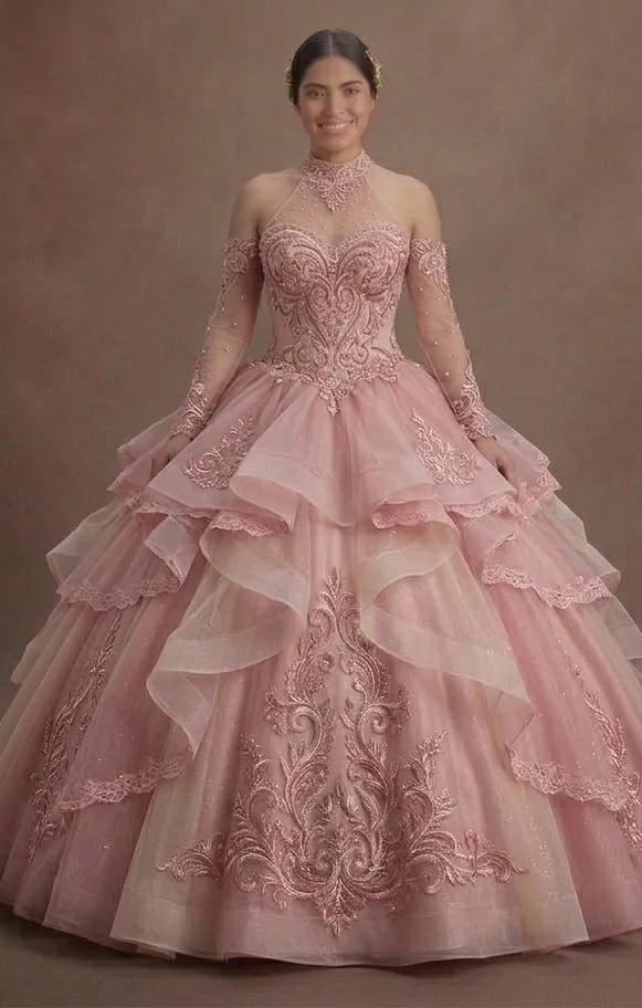 Fairytale Pink Quinceañera Dress Tiered Organza Ruffles - Image 2