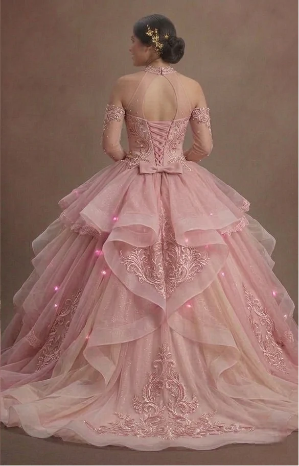 Fairytale Pink Quinceañera Dress Tiered Organza Ruffles - Image 3