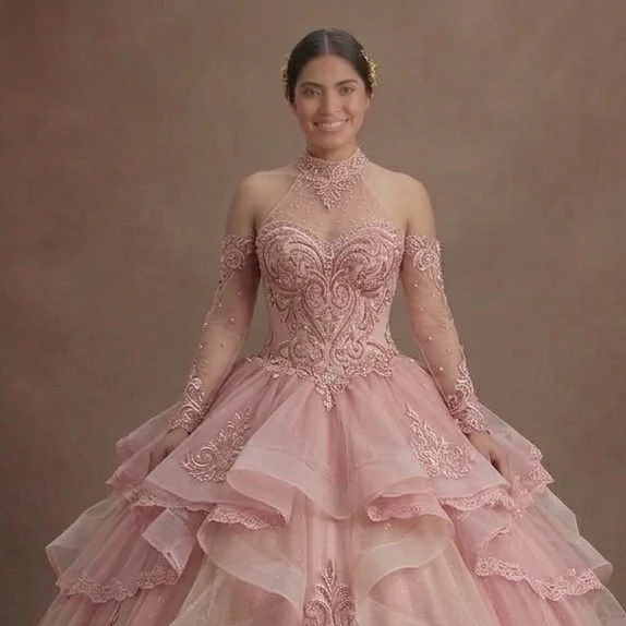 Fairytale Pink Quinceañera Dress Tiered Organza Ruffles - Image 4
