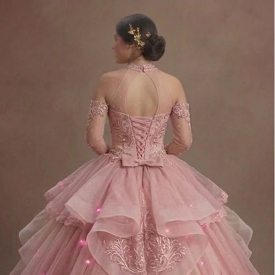 Fairytale Pink Quinceañera Dress Tiered Organza Ruffles - Image 5