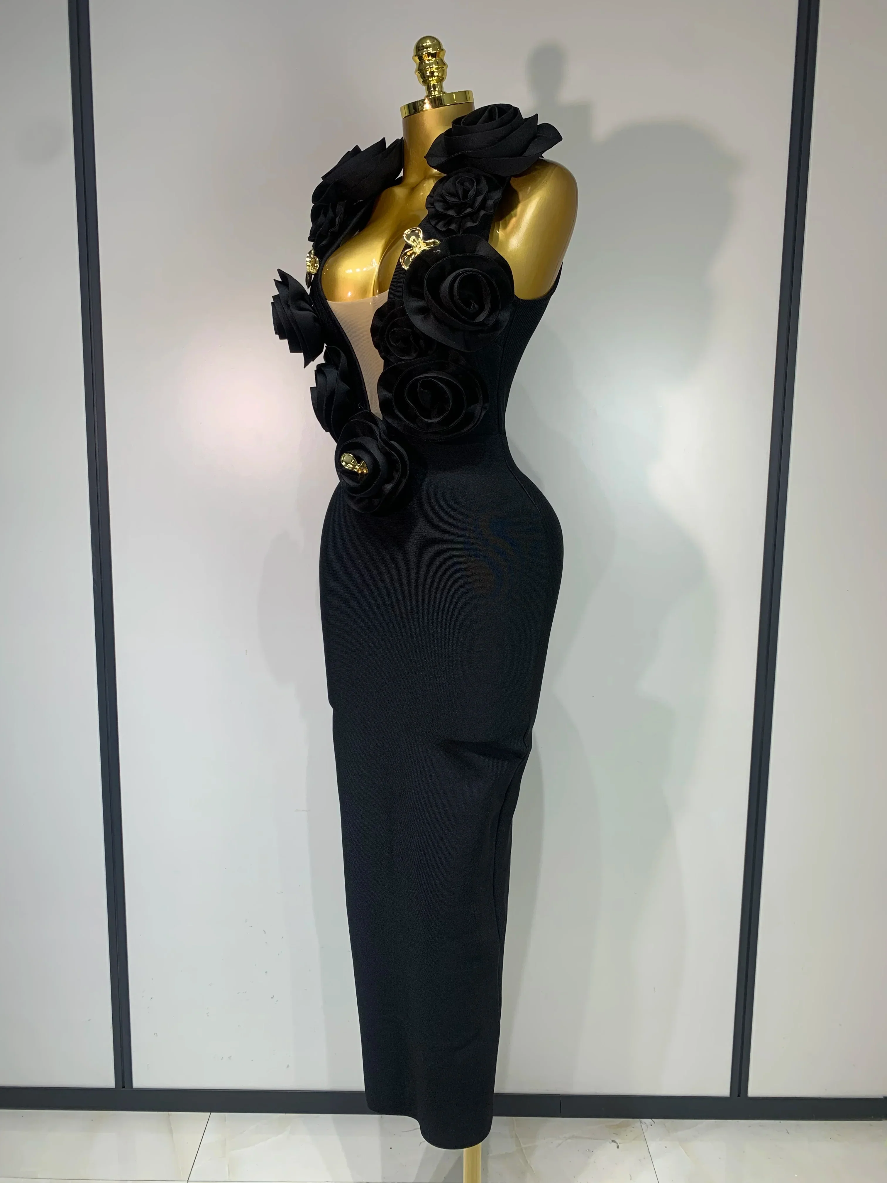 Fashion Black 3D Flower Bodycon Long Bandage Dress Celebrity Elegant Party Birthday Dress Women's Sleeveless Sexy Vestidos - Image 2