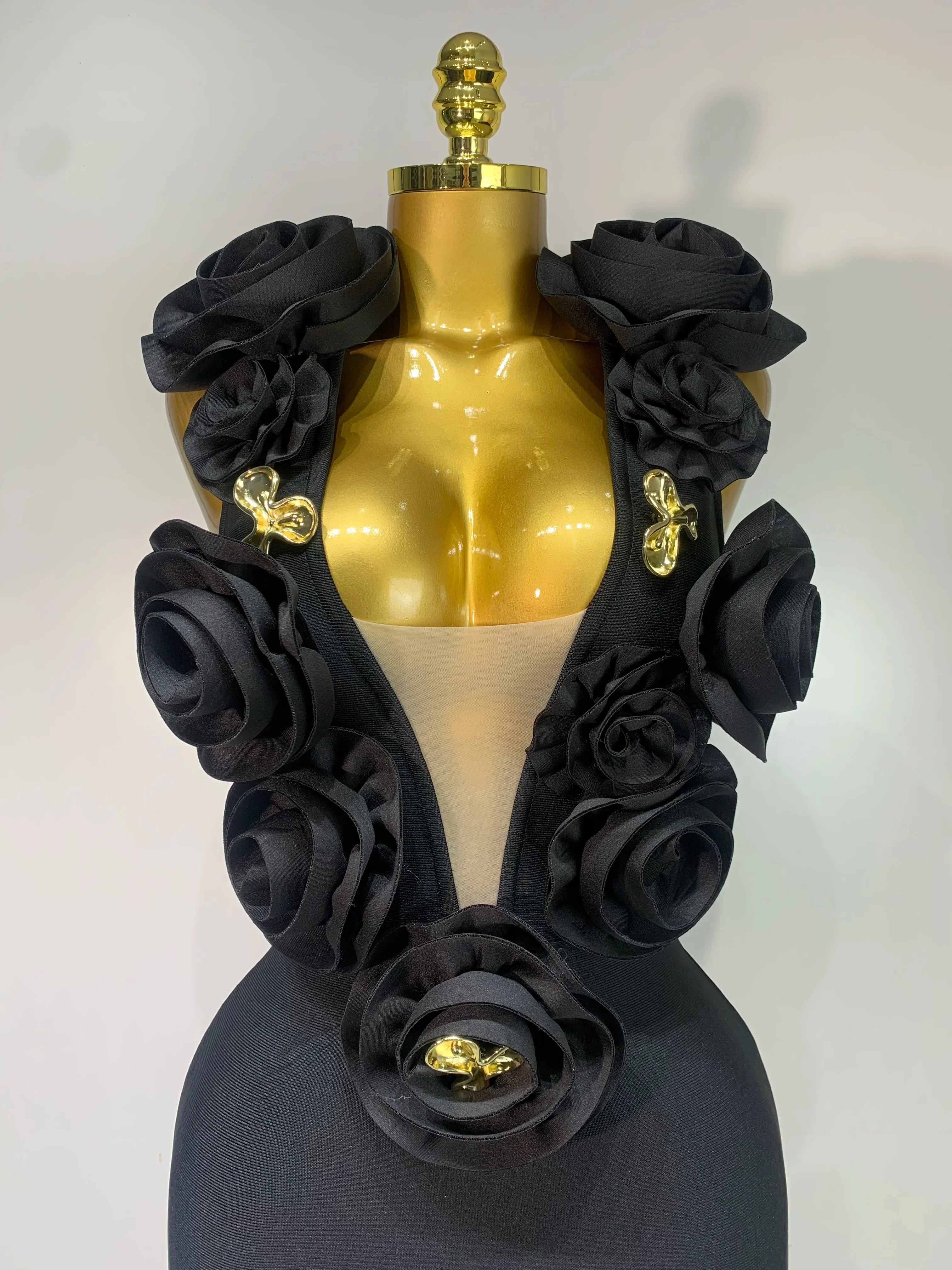 Fashion Black 3D Flower Bodycon Long Bandage Dress Celebrity Elegant Party Birthday Dress Women's Sleeveless Sexy Vestidos - Image 5