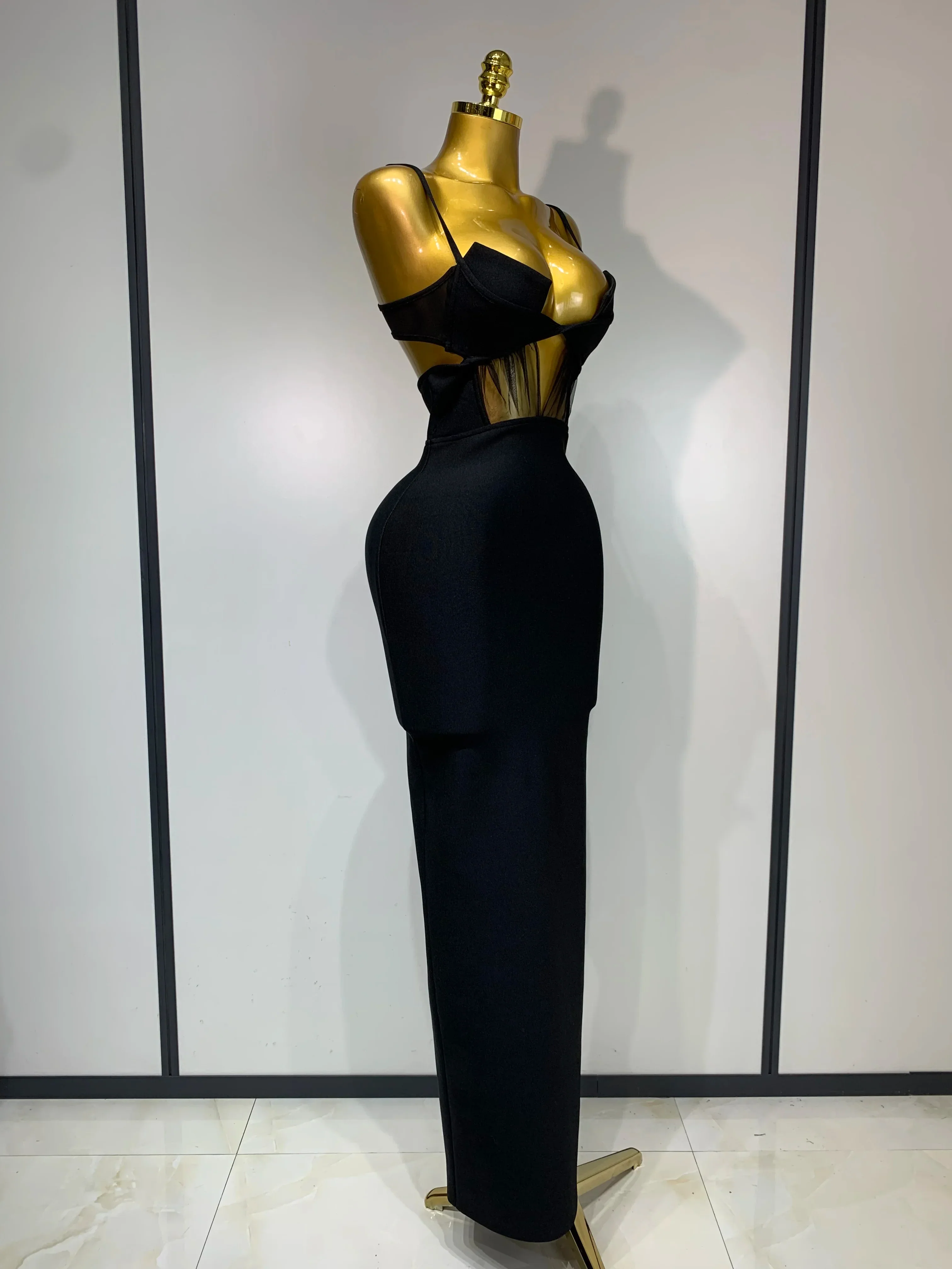 Fashion Black Spaghetti Strap Maxi Long Bandage Dress Mesh Cut Out Elegant Celebirty Bodycon Evening Club Party Birthday Dresses - Image 2