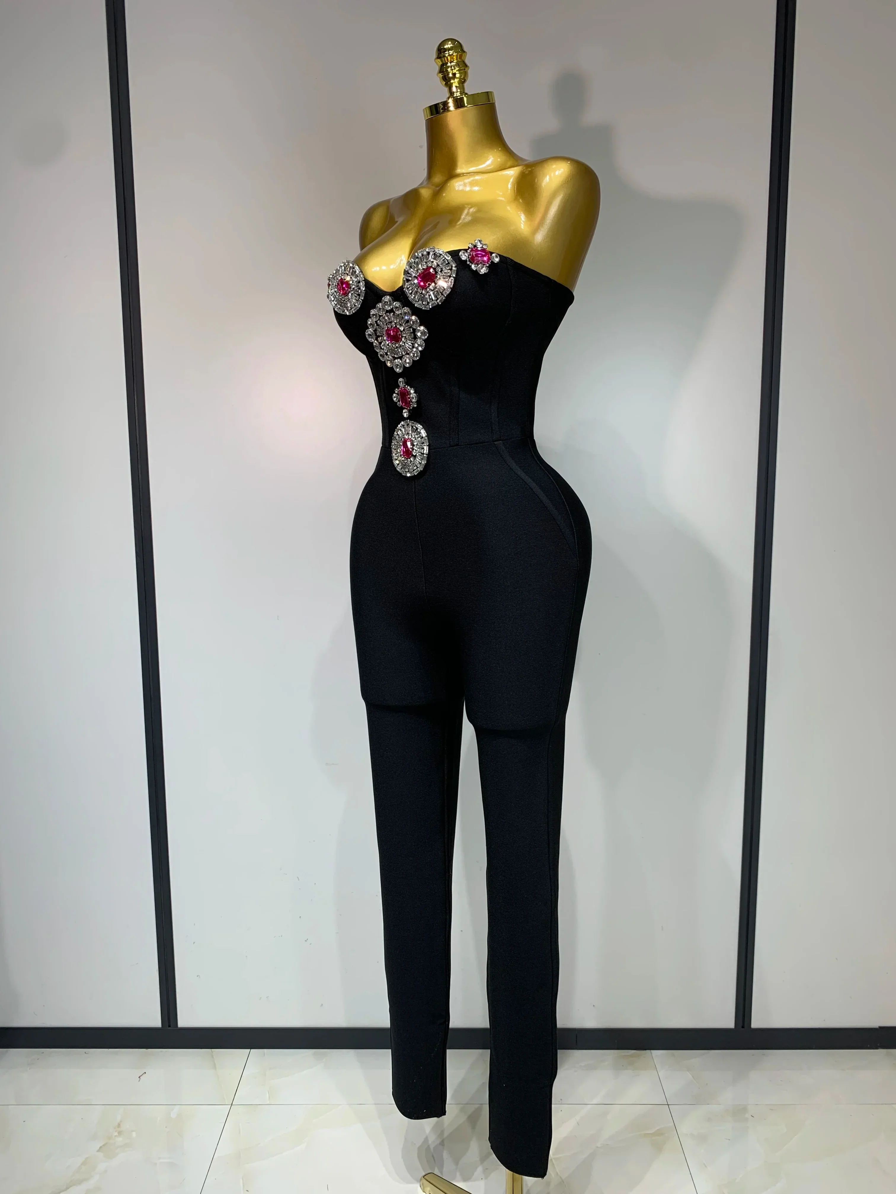 Fashion Celebrate Sparkly Rhinestone Women Sexy Strapless Bodycon Bandage Jumpsuit Runway Nightclub Party Luxury Birthday Outfit - Image 2