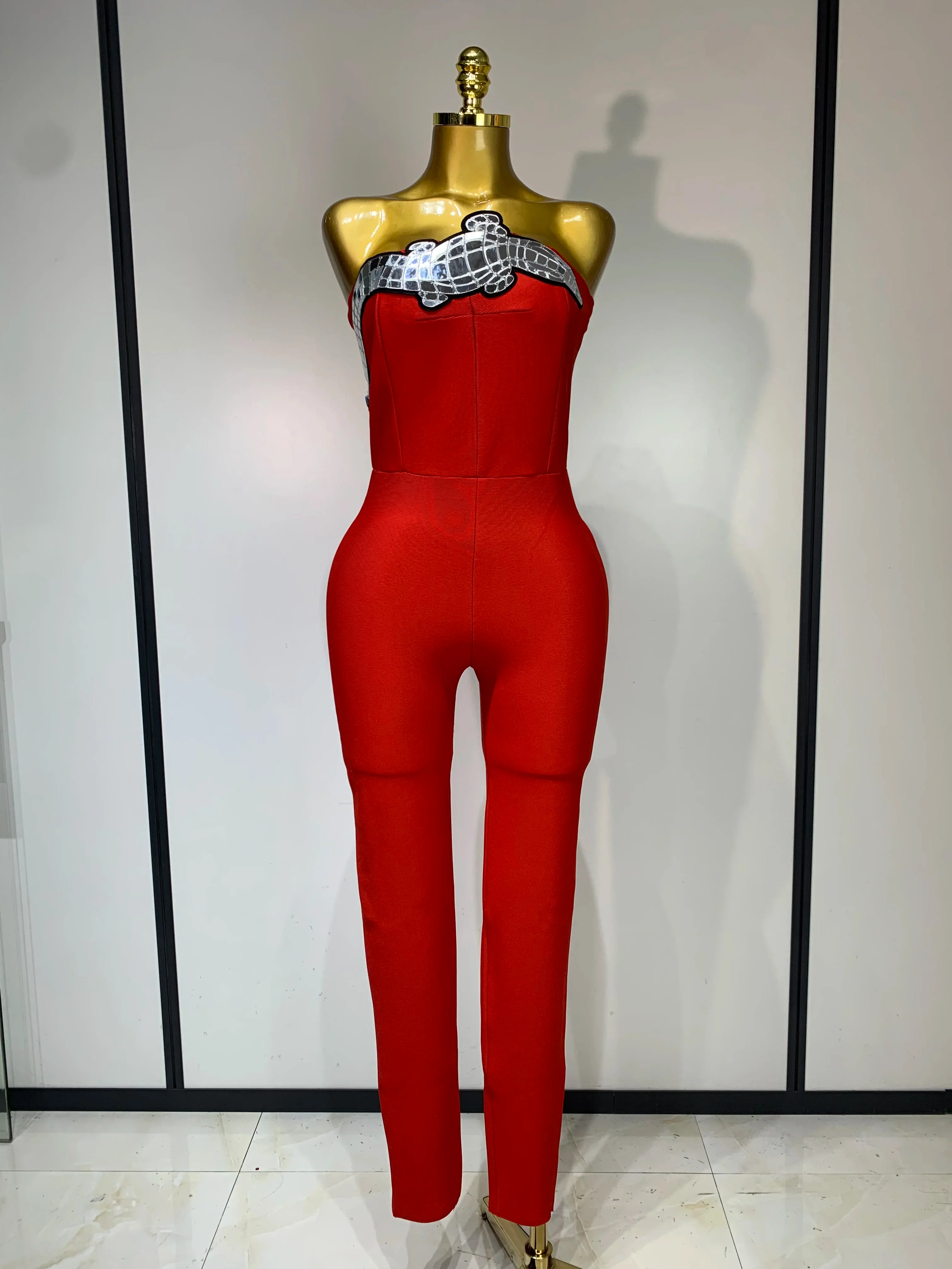 Fashion Celebrate Sparkly Sequin Women Sexy Strapless Bodycon Bandage Jumpsuit Streetwea Nightclub Party Luxury Birthday Outfit