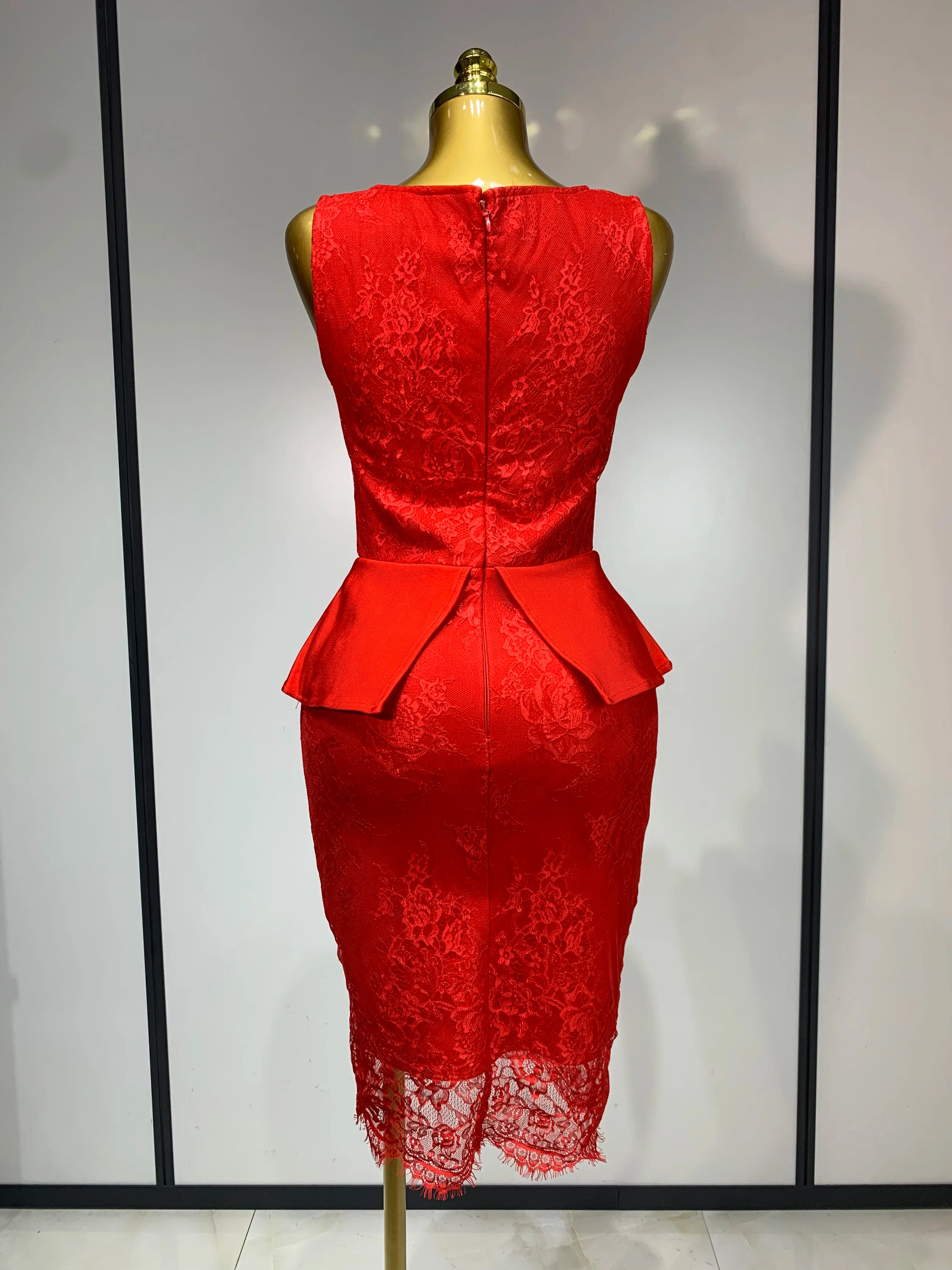 Fashion Sexy Celebrity Elegant V Neck Midi Bodycon Bandage Dress Red Lace Dress Evening Party Cocktail Luxury Birthday Dresses - Image 4