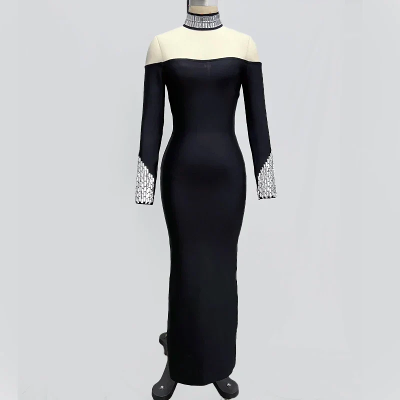 Fashion Sexy European And American Women Long Sleeve Black Sexy Round High Neck Color Long Sleeve Diamond Decoration Slim Dress - Image 3
