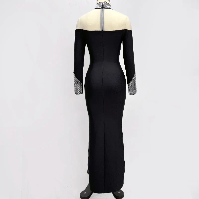 Fashion Sexy European And American Women Long Sleeve Black Sexy Round High Neck Color Long Sleeve Diamond Decoration Slim Dress - Image 4