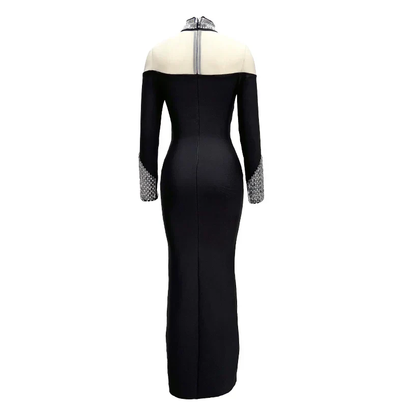 Fashion Sexy European And American Women Long Sleeve Black Sexy Round High Neck Color Long Sleeve Diamond Decoration Slim Dress - Image 5