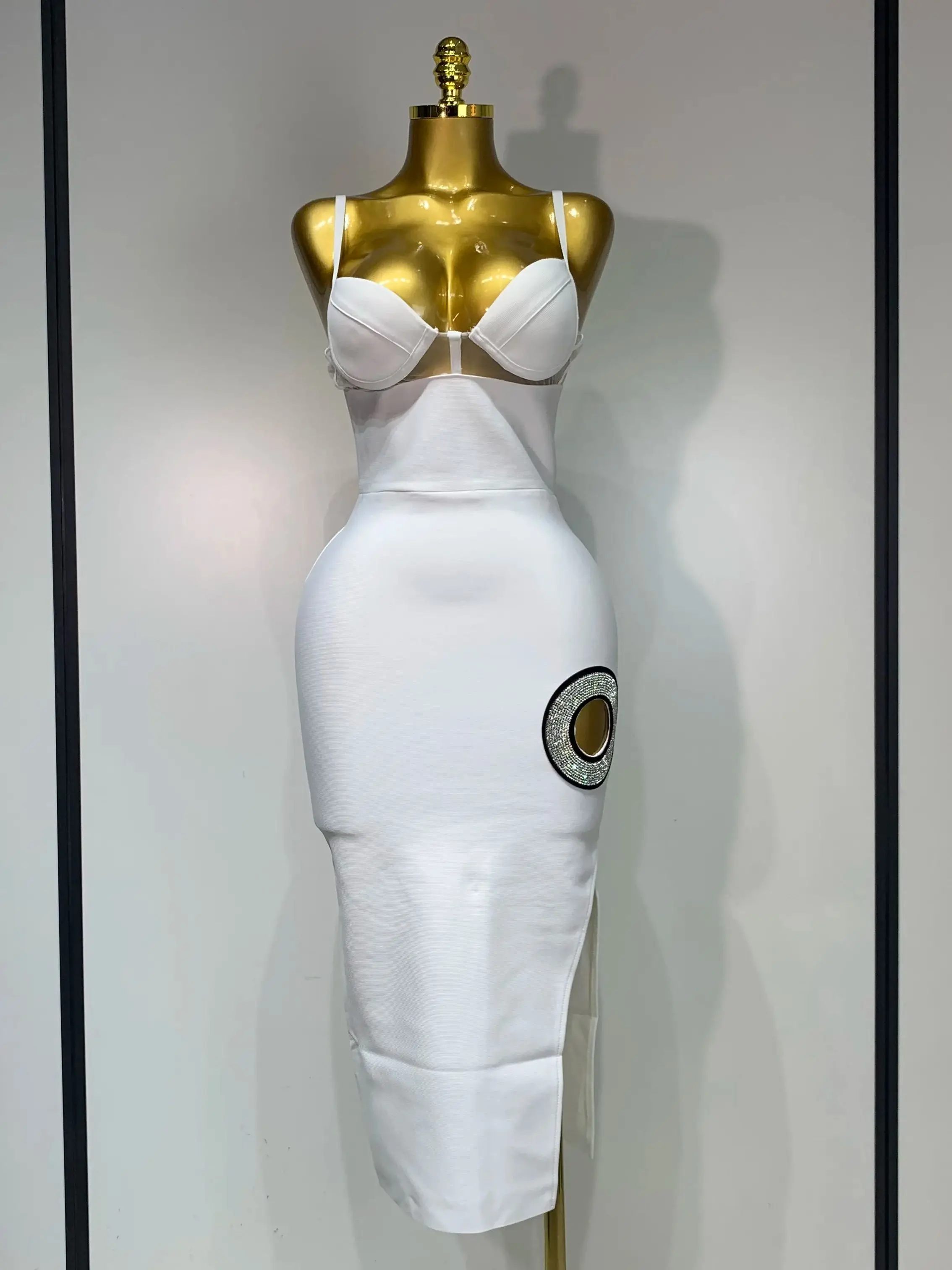 Fashion Sexy V Neck Backless Diamonds Split Women Bodycon Bandage Dress White Elegant Evening Club Party Birthday Dresses