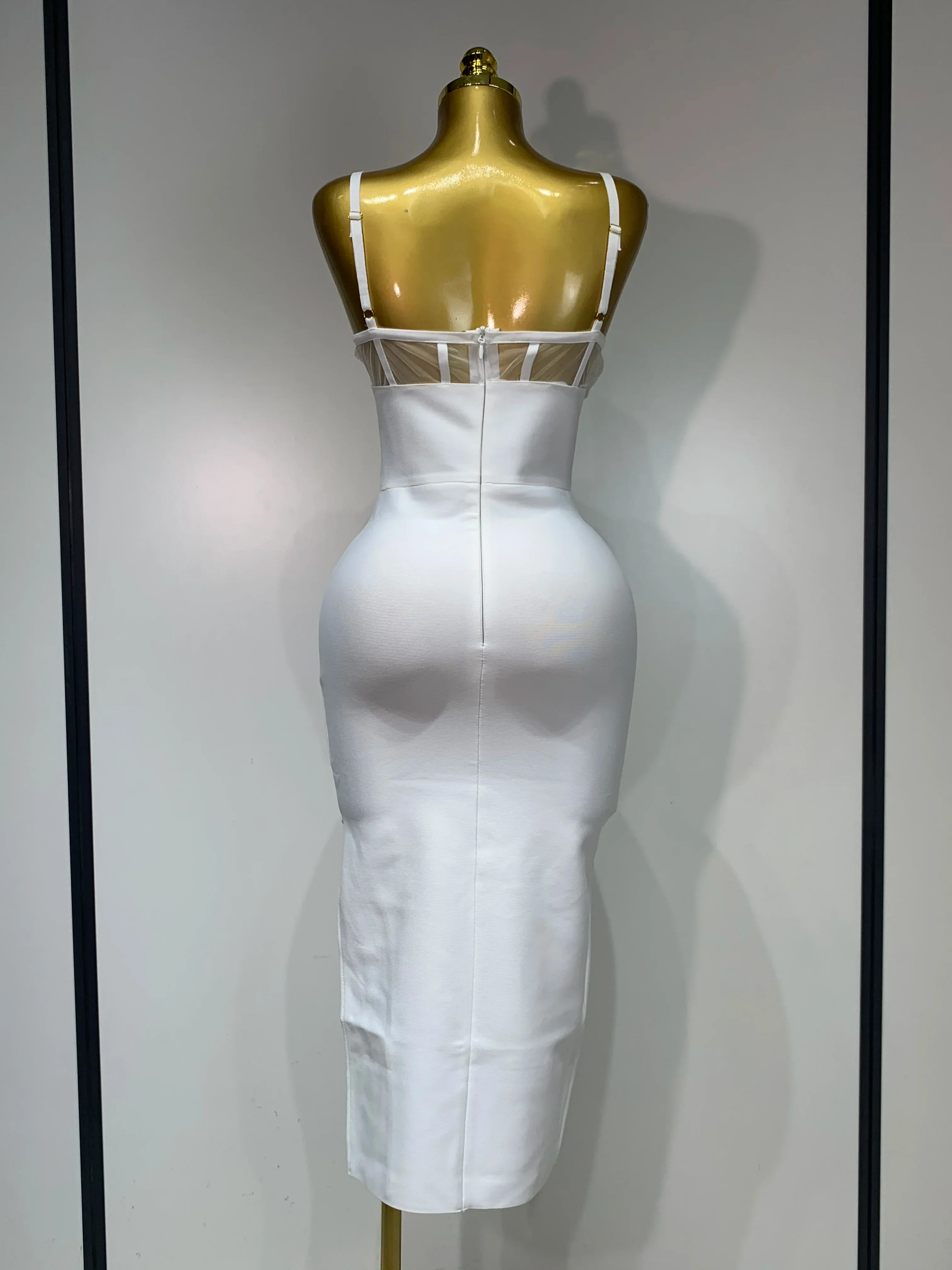 Fashion Sexy V Neck Backless Diamonds Split Women Bodycon Bandage Dress White Elegant Evening Club Party Birthday Dresses - Image 3