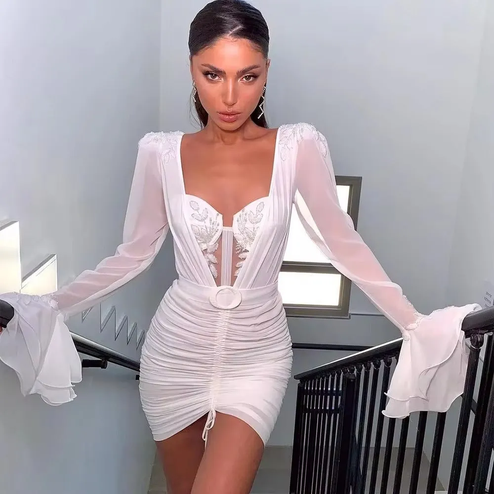 Fashion Short Wedding Dresses Long Sleeves Applique Stones Pleats Mini Sexy Bride Gowns Night Event Party Dress Outfit - Image 2