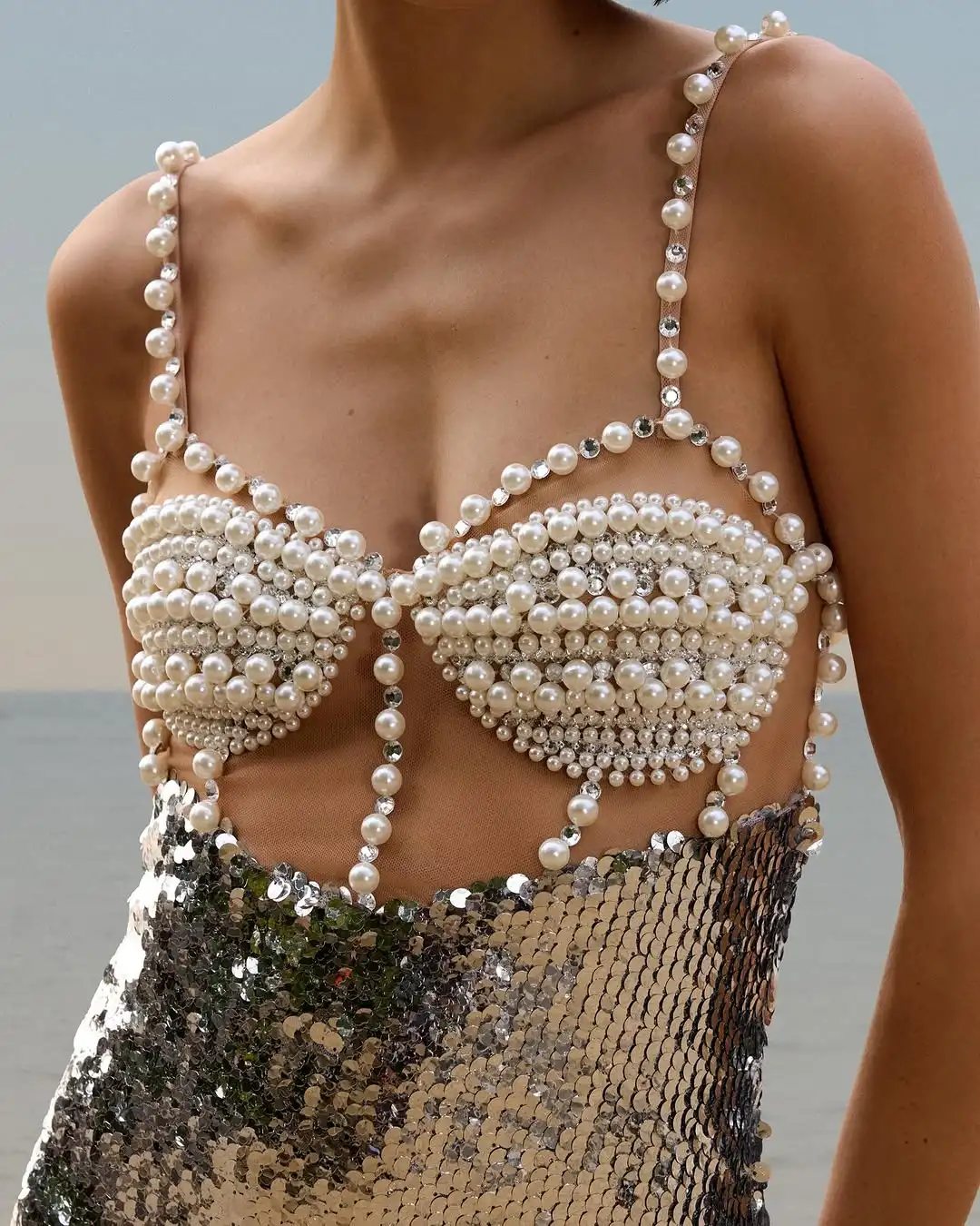 Fashionable Haute Couture  Woman Evening Dress  Pearl Sliver Sequins Spaghetti Strap Long Dress  Celebrity Birthday Party Outfit - Image 2